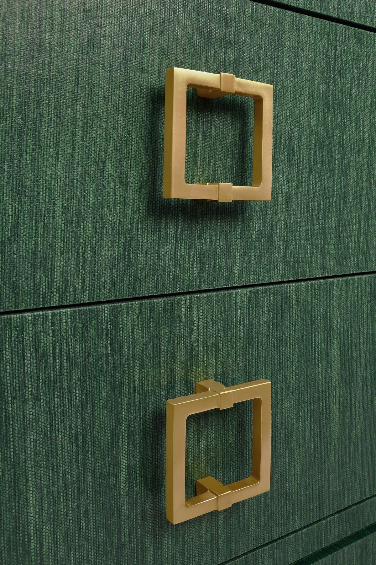 Worlds Away Two Drawer Side Table With Large Satin Brass Square Hardware In Green Dyed Grasscloth With Glass Top