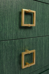 Worlds Away Two Drawer Side Table With Large Satin Brass Square Hardware In Green Dyed Grasscloth With Glass Top