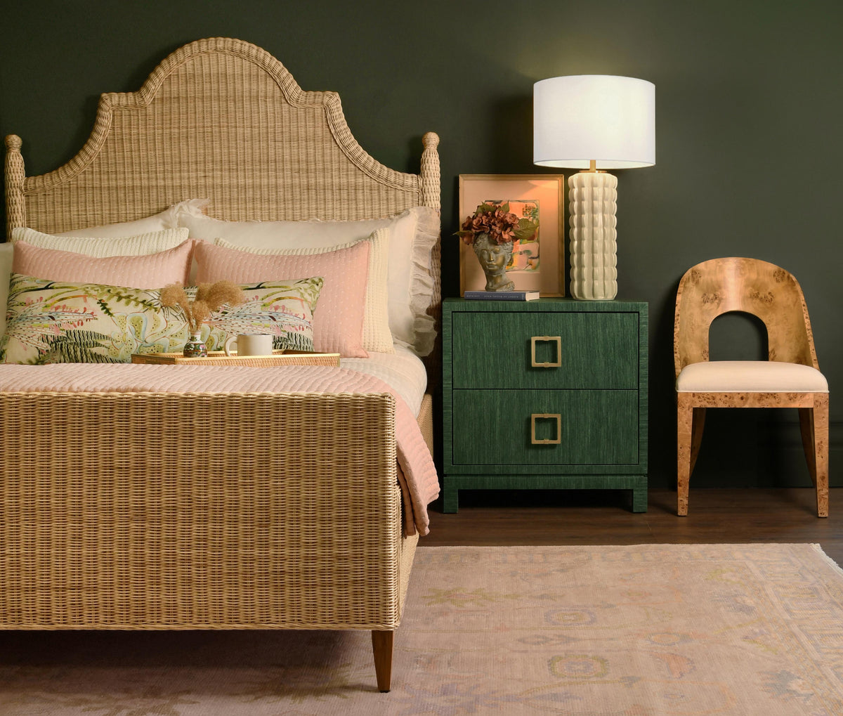 Worlds Away Two Drawer Side Table With Large Satin Brass Square Hardware In Green Dyed Grasscloth With Glass Top
