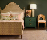 Worlds Away Two Drawer Side Table With Large Satin Brass Square Hardware In Green Dyed Grasscloth With Glass Top
