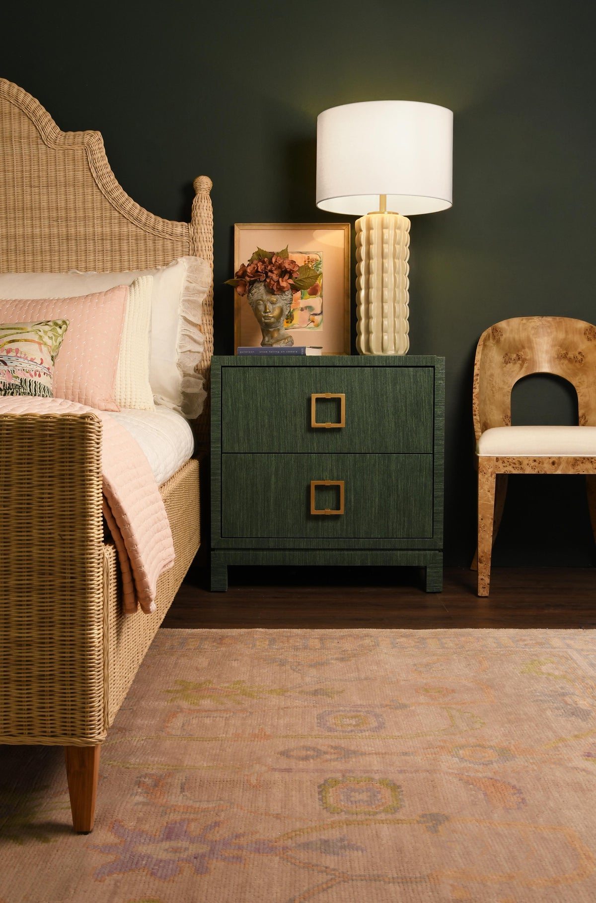 Worlds Away Two Drawer Side Table With Large Satin Brass Square Hardware In Green Dyed Grasscloth With Glass Top