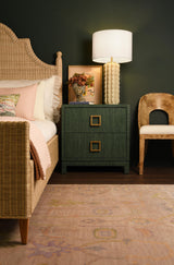Worlds Away Two Drawer Side Table With Large Satin Brass Square Hardware In Green Dyed Grasscloth With Glass Top