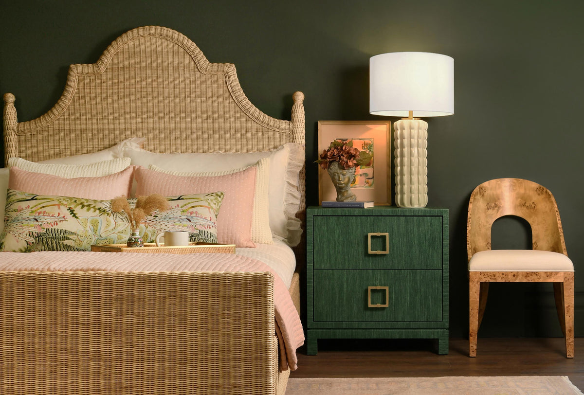 Worlds Away Two Drawer Side Table With Large Satin Brass Square Hardware In Green Dyed Grasscloth With Glass Top