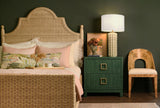 Worlds Away Two Drawer Side Table With Large Satin Brass Square Hardware In Green Dyed Grasscloth With Glass Top