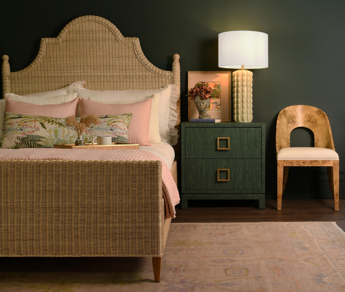 Worlds Away Two Drawer Side Table With Large Satin Brass Square Hardware In Green Dyed Grasscloth With Glass Top