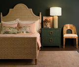 Worlds Away Two Drawer Side Table With Large Satin Brass Square Hardware In Green Dyed Grasscloth With Glass Top