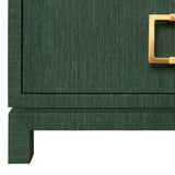 Worlds Away Two Drawer Side Table With Large Satin Brass Square Hardware In Green Dyed Grasscloth With Glass Top