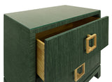 Worlds Away Two Drawer Side Table With Large Satin Brass Square Hardware In Green Dyed Grasscloth With Glass Top