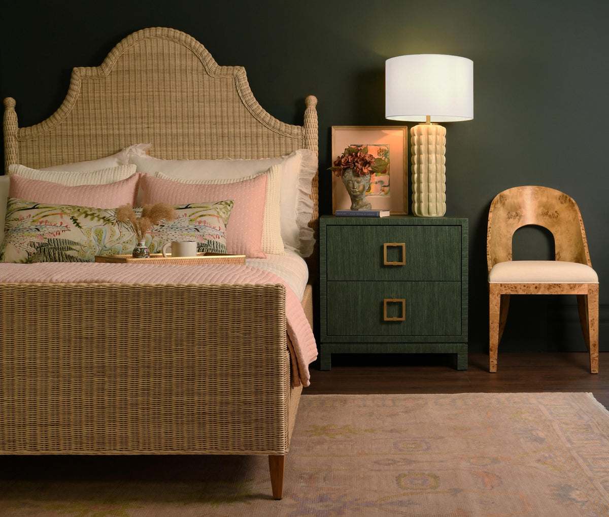 Worlds Away Two Drawer Side Table With Large Satin Brass Square Hardware In Green Dyed Grasscloth With Glass Top