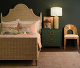 Worlds Away Two Drawer Side Table With Large Satin Brass Square Hardware In Green Dyed Grasscloth With Glass Top