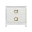 Worlds Away Two Drawer Side Table With Large Satin Brass Square Hardware In White Textured Linen With Glass Top