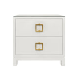 Worlds Away Two Drawer Side Table With Large Satin Brass Square Hardware In White Textured Linen With Glass Top