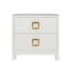Worlds Away Two Drawer Side Table With Large Satin Brass Square Hardware In White Textured Linen With Glass Top