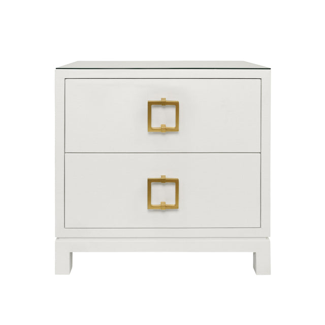 Worlds Away Two Drawer Side Table With Large Satin Brass Square Hardware In White Textured Linen With Glass Top