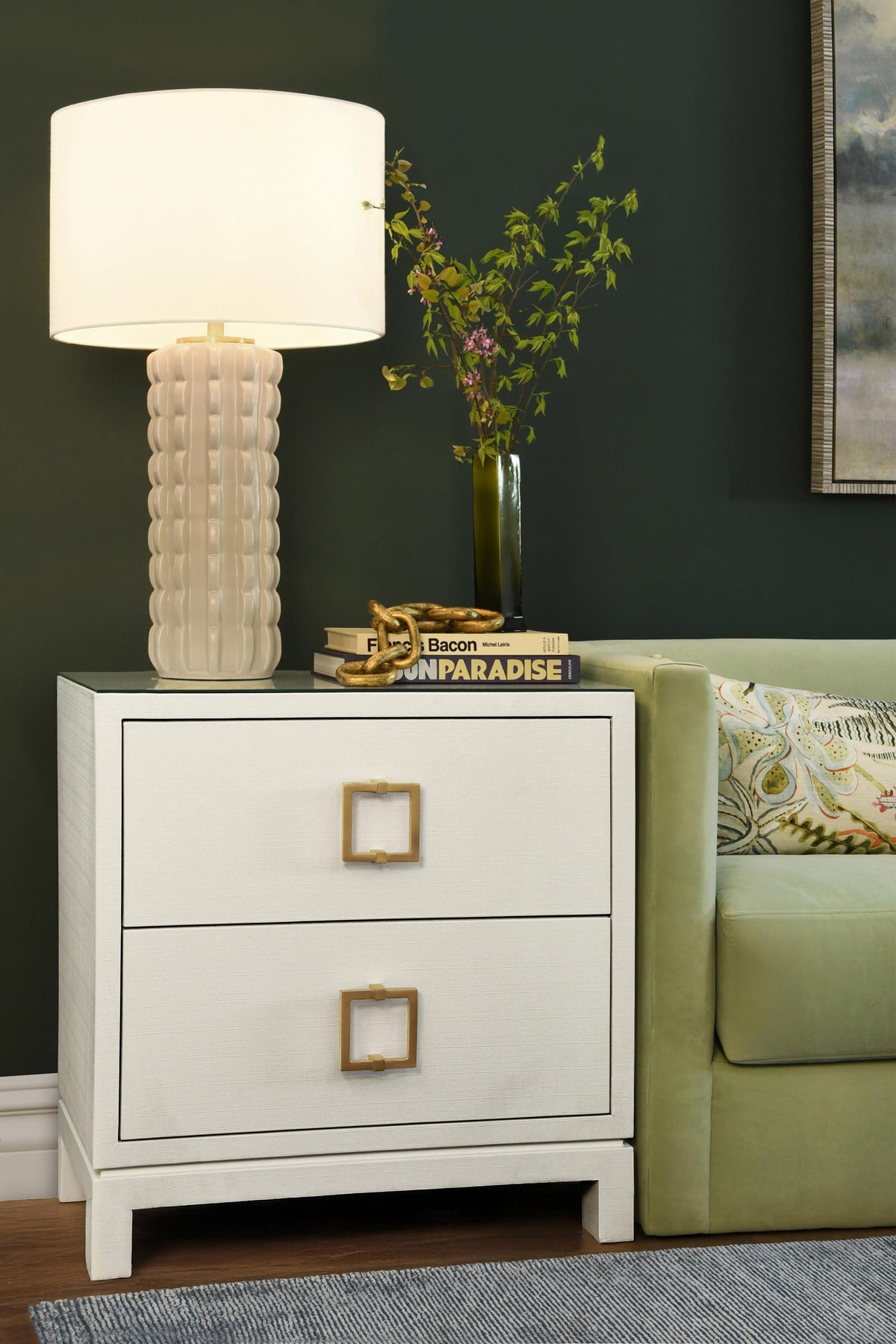 Worlds Away Two Drawer Side Table With Large Satin Brass Square Hardware In White Textured Linen With Glass Top