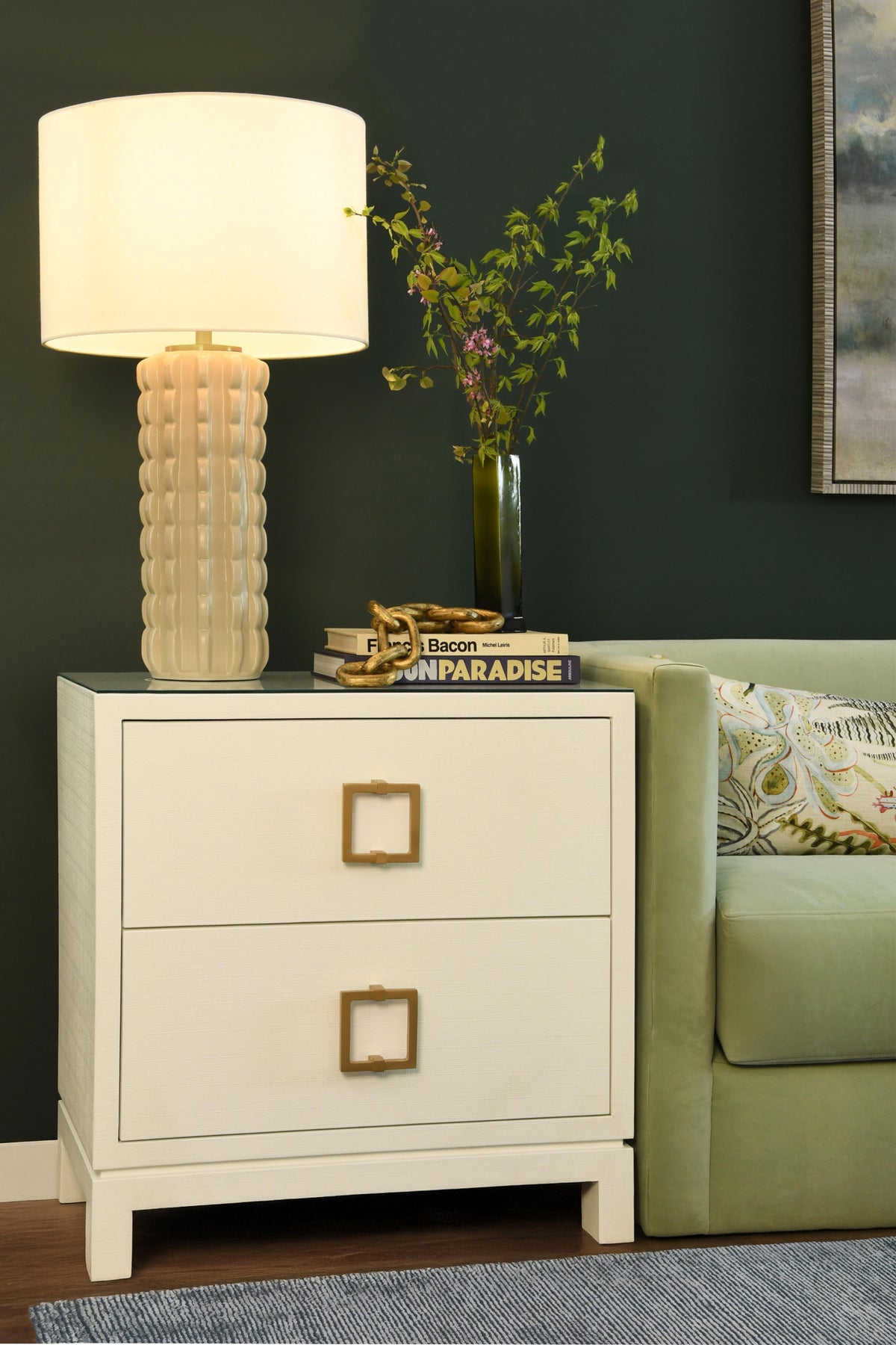 Worlds Away Two Drawer Side Table With Large Satin Brass Square Hardware In White Textured Linen With Glass Top