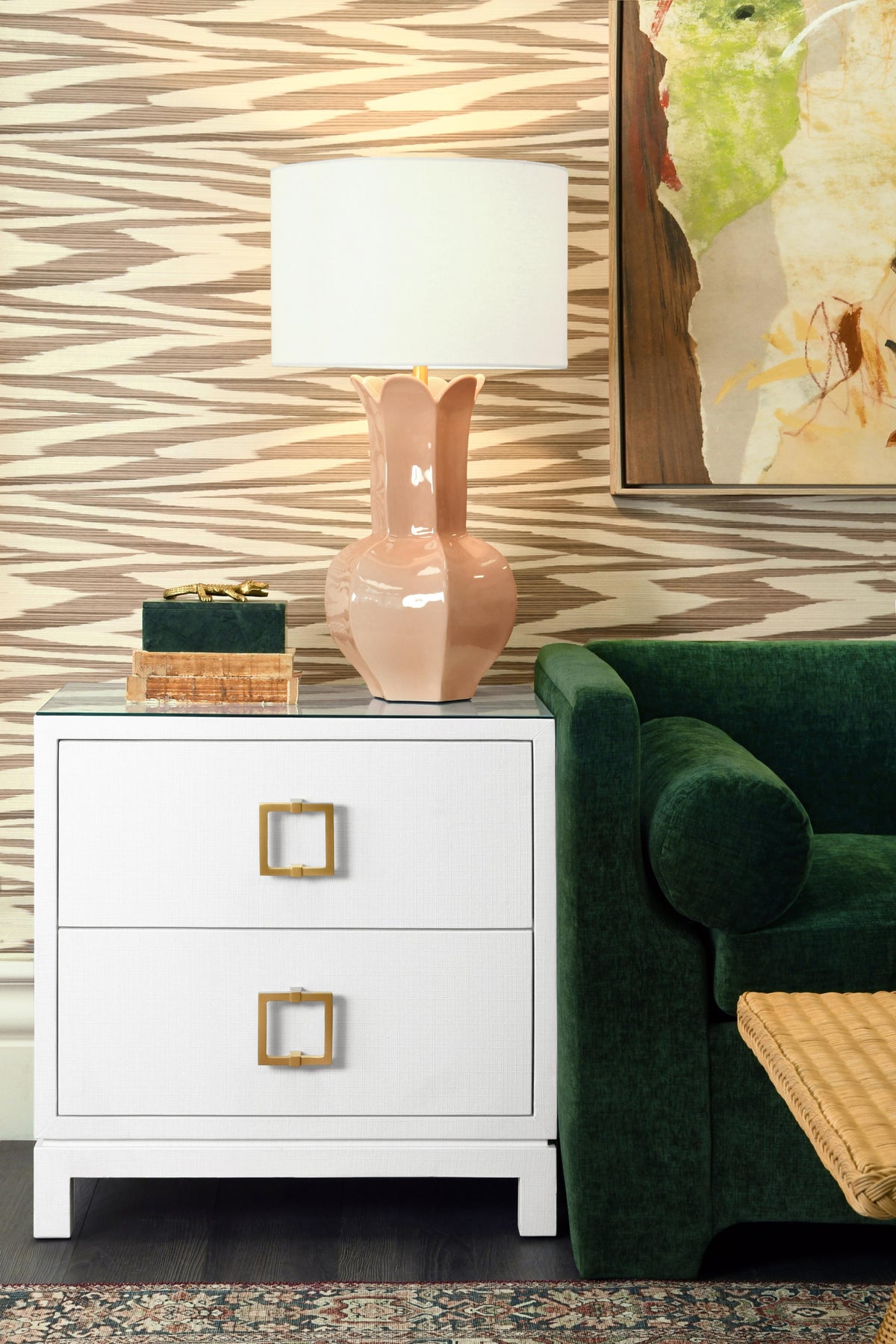 Worlds Away Two Drawer Side Table With Large Satin Brass Square Hardware In White Textured Linen With Glass Top
