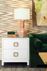 Worlds Away Two Drawer Side Table With Large Satin Brass Square Hardware In White Textured Linen With Glass Top