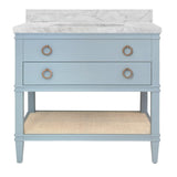 Worlds Away Bath Vanity In Matte Light Blue Lacquer With Open Cane Shelf, White Marble Top, And Porcelain Sink