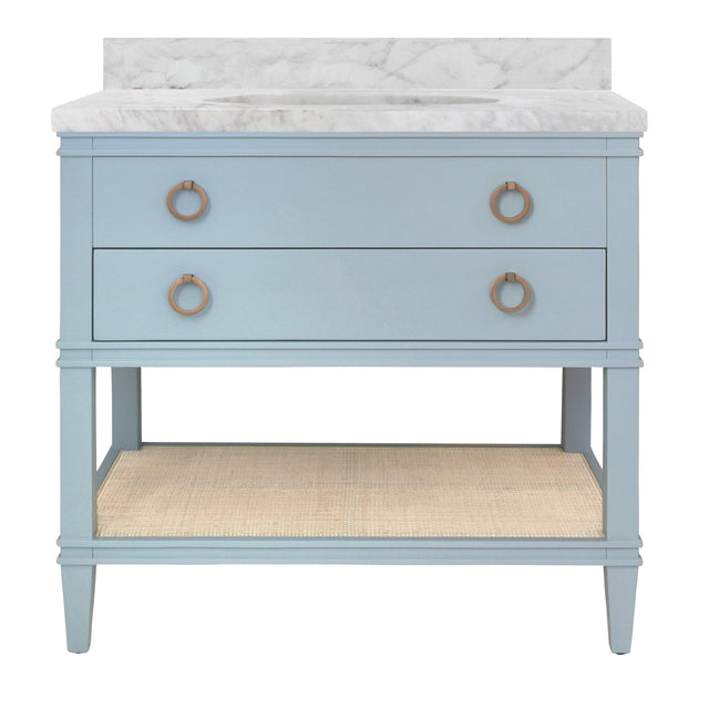 Worlds Away Bath Vanity In Matte Light Blue Lacquer With Open Cane Shelf, White Marble Top, And Porcelain Sink