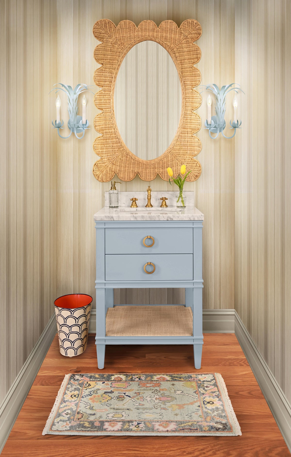 Worlds Away Bath Vanity In Matte Light Blue Lacquer With Open Cane Shelf, White Marble Top, And Porcelain Sink