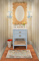 Worlds Away Bath Vanity In Matte Light Blue Lacquer With Open Cane Shelf, White Marble Top, And Porcelain Sink