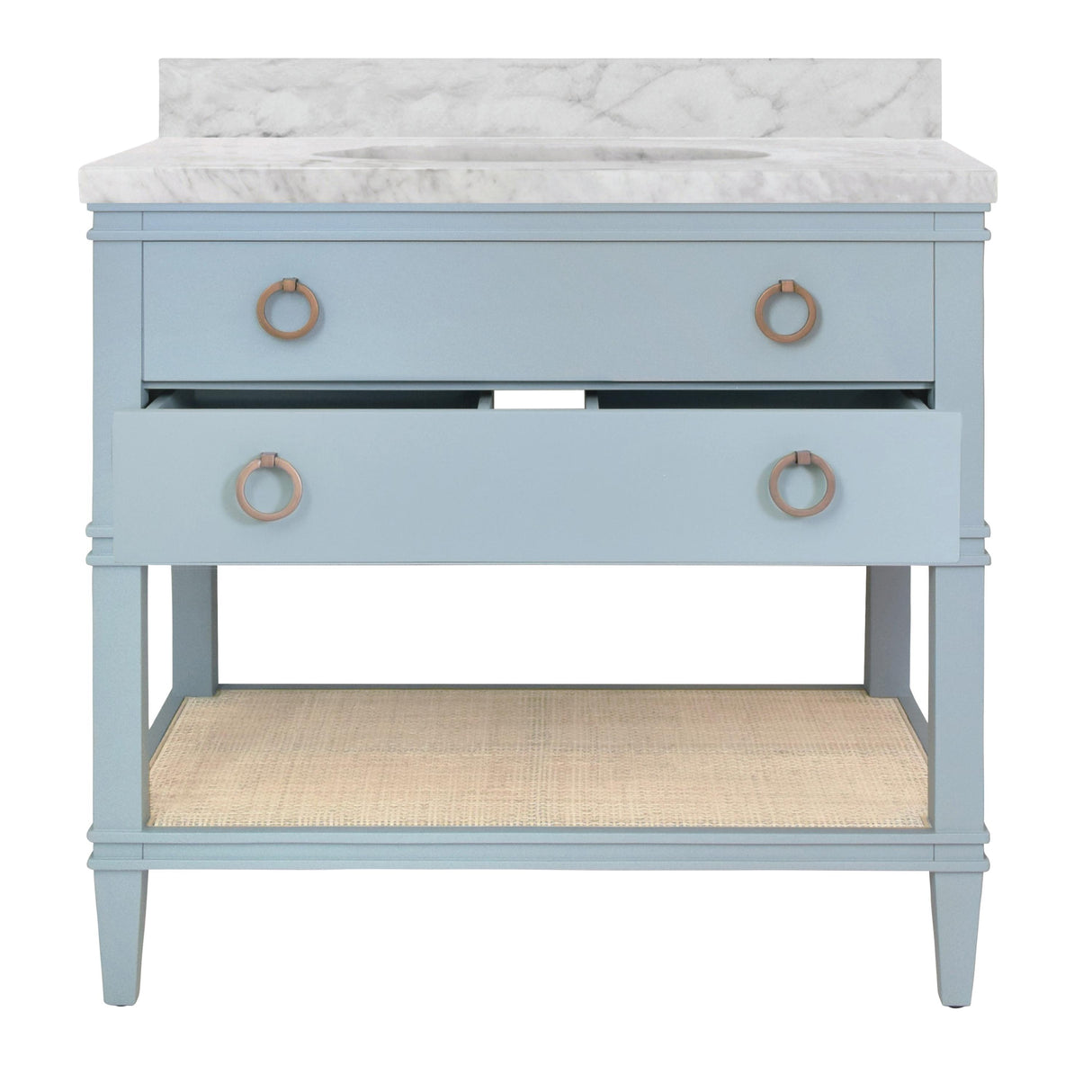 Worlds Away Bath Vanity In Matte Light Blue Lacquer With Open Cane Shelf, White Marble Top, And Porcelain Sink