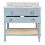 Worlds Away Bath Vanity In Matte Light Blue Lacquer With Open Cane Shelf, White Marble Top, And Porcelain Sink
