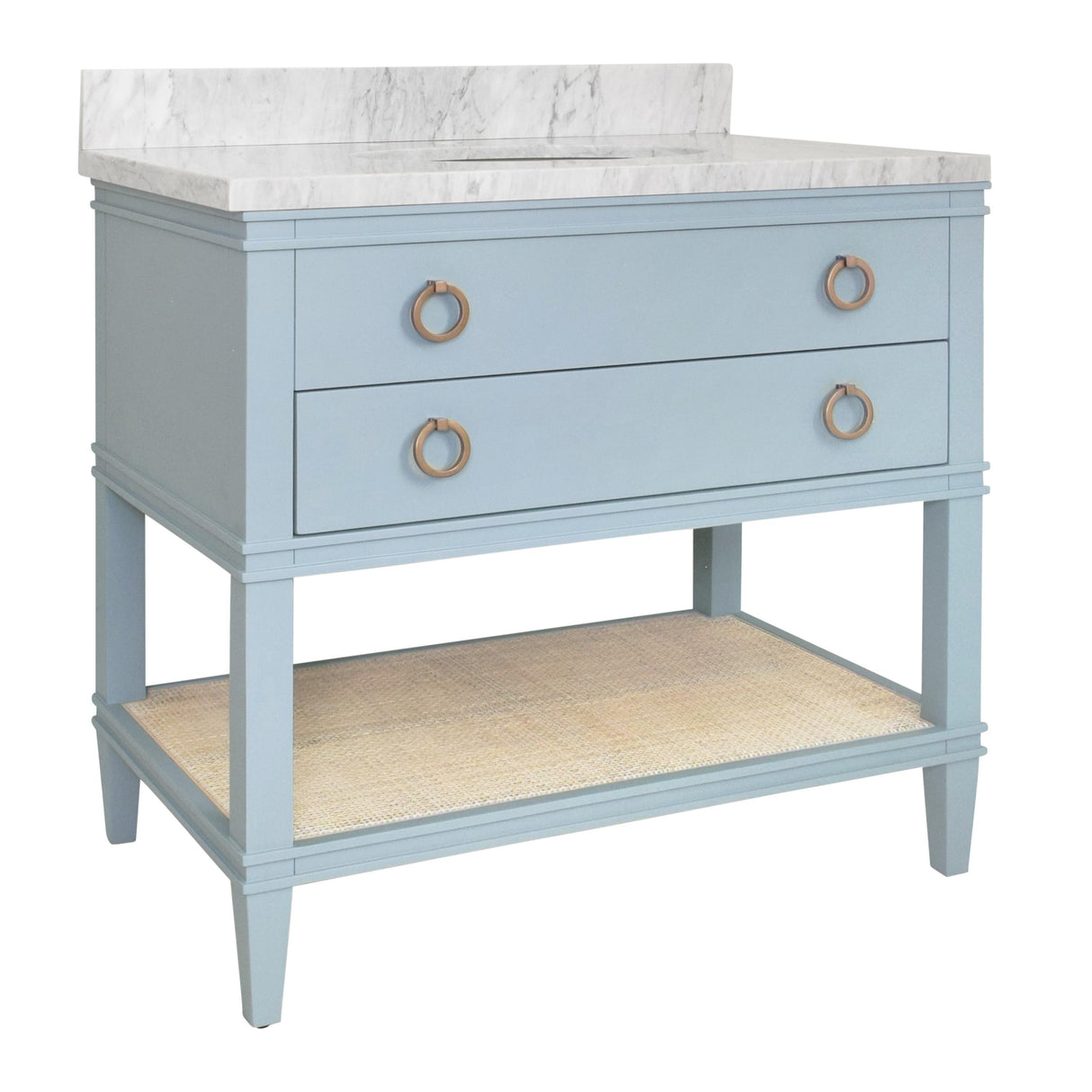 Worlds Away Bath Vanity In Matte Light Blue Lacquer With Open Cane Shelf, White Marble Top, And Porcelain Sink