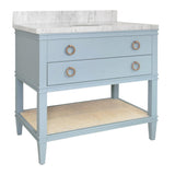 Worlds Away Bath Vanity In Matte Light Blue Lacquer With Open Cane Shelf, White Marble Top, And Porcelain Sink
