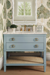 Worlds Away Bath Vanity In Matte Light Blue Lacquer With Open Cane Shelf, White Marble Top, And Porcelain Sink