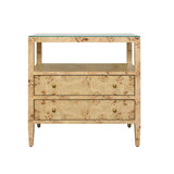 Worlds Away Two Drawer Side Table With Open Top Shelf In Burl Wood With Polished Brass Knobs