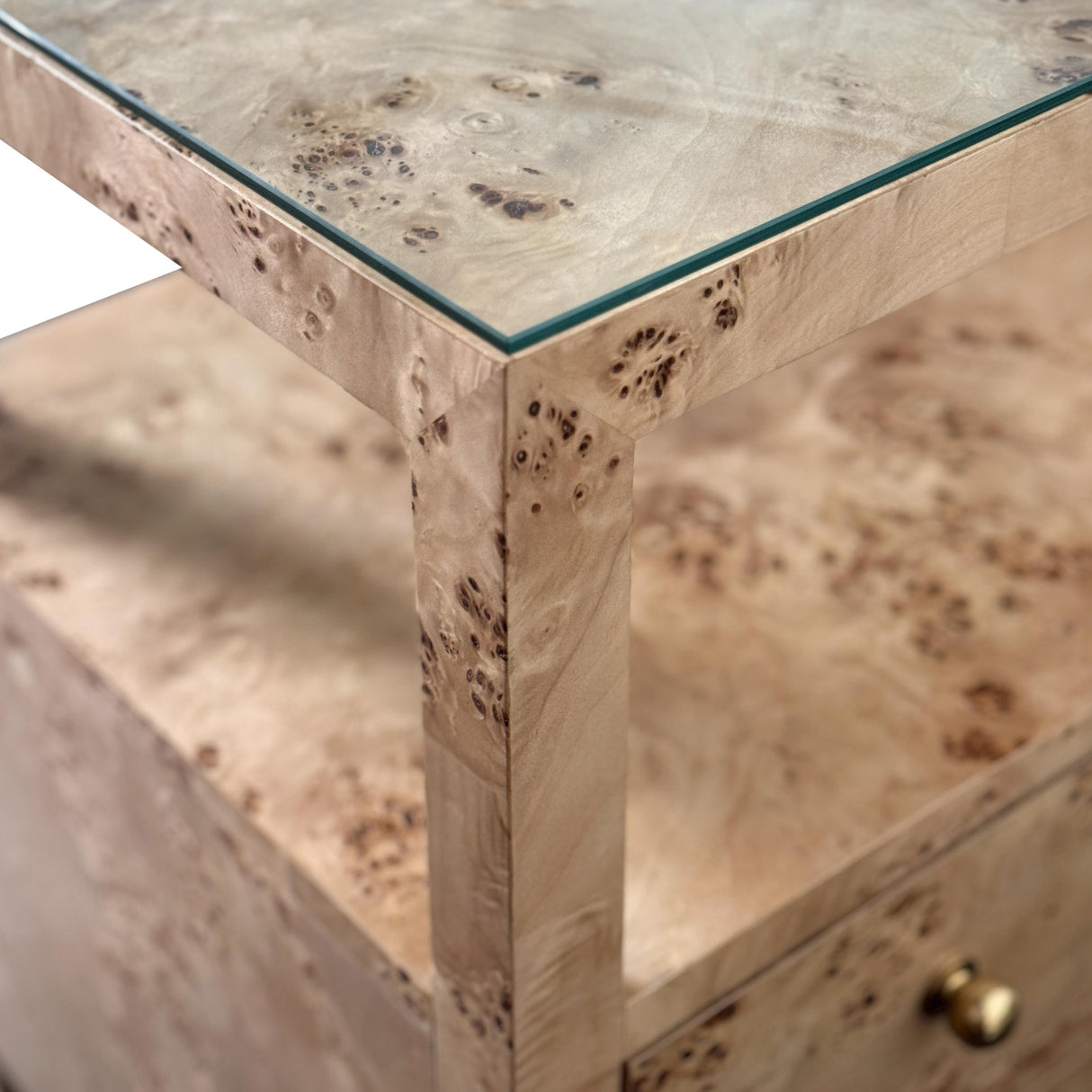 Worlds Away Two Drawer Side Table With Open Top Shelf In Burl Wood With Polished Brass Knobs