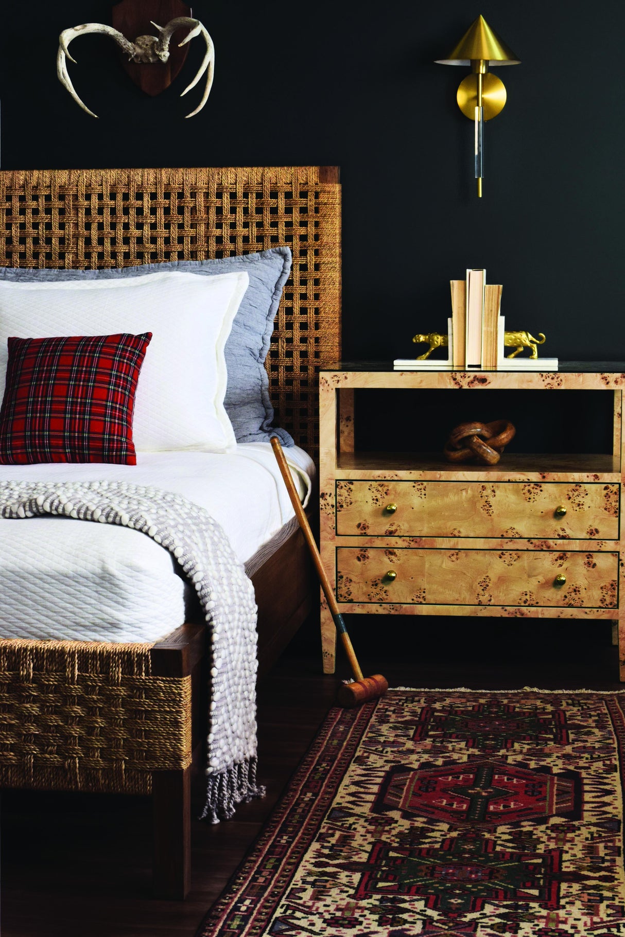 Worlds Away Two Drawer Side Table With Open Top Shelf In Burl Wood With Polished Brass Knobs