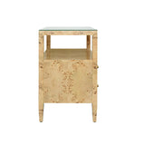 Worlds Away Two Drawer Side Table With Open Top Shelf In Burl Wood With Polished Brass Knobs