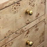 Worlds Away Two Drawer Side Table With Open Top Shelf In Burl Wood With Polished Brass Knobs