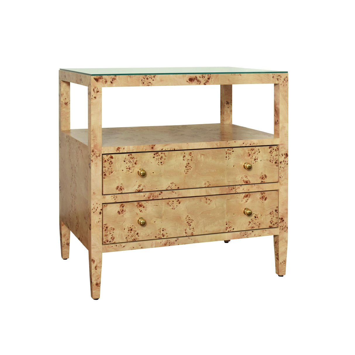 Worlds Away Two Drawer Side Table With Open Top Shelf In Burl Wood With Polished Brass Knobs