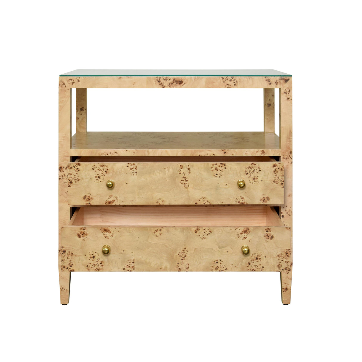 Worlds Away Two Drawer Side Table With Open Top Shelf In Burl Wood With Polished Brass Knobs
