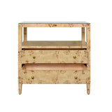 Worlds Away Two Drawer Side Table With Open Top Shelf In Burl Wood With Polished Brass Knobs