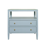 Worlds Away Two Drawer Side Table With Open Top Shelf In Textured Light Blue Linen With Polished Brass Knobs