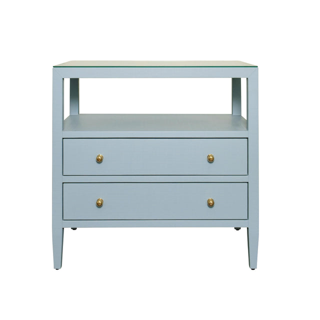 Worlds Away Two Drawer Side Table With Open Top Shelf In Textured Light Blue Linen With Polished Brass Knobs