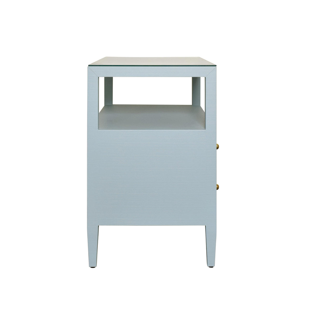 Worlds Away Two Drawer Side Table With Open Top Shelf In Textured Light Blue Linen With Polished Brass Knobs