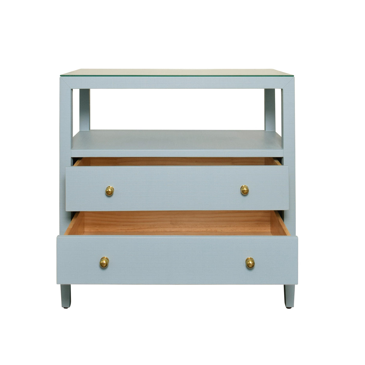 Worlds Away Two Drawer Side Table With Open Top Shelf In Textured Light Blue Linen With Polished Brass Knobs
