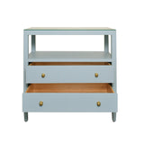 Worlds Away Two Drawer Side Table With Open Top Shelf In Textured Light Blue Linen With Polished Brass Knobs