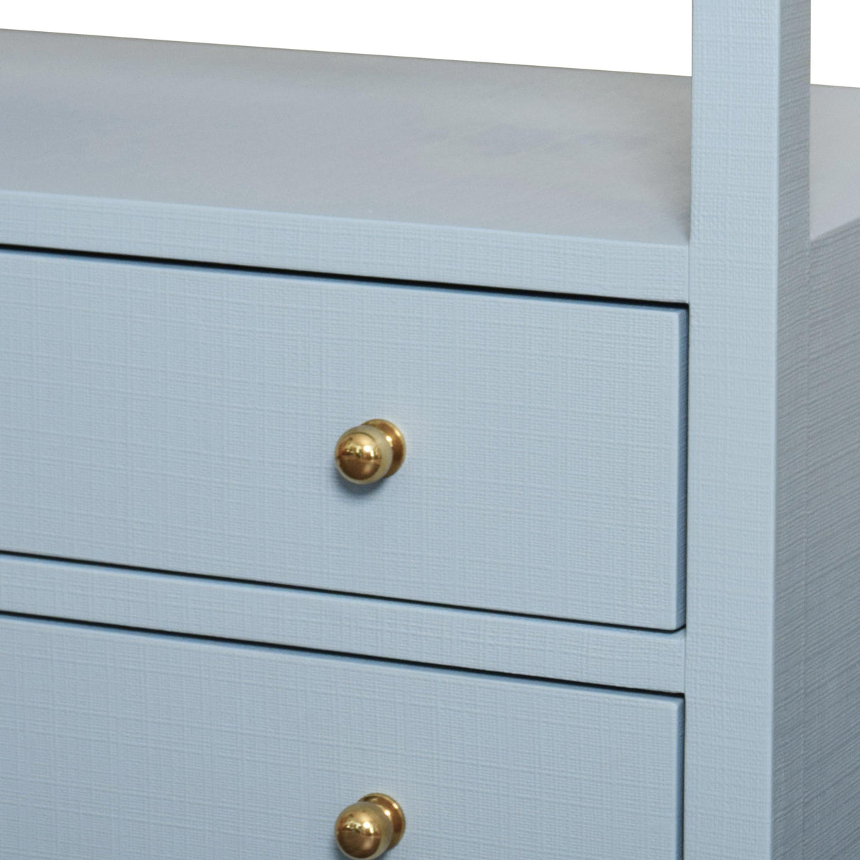 Worlds Away Two Drawer Side Table With Open Top Shelf In Textured Light Blue Linen With Polished Brass Knobs