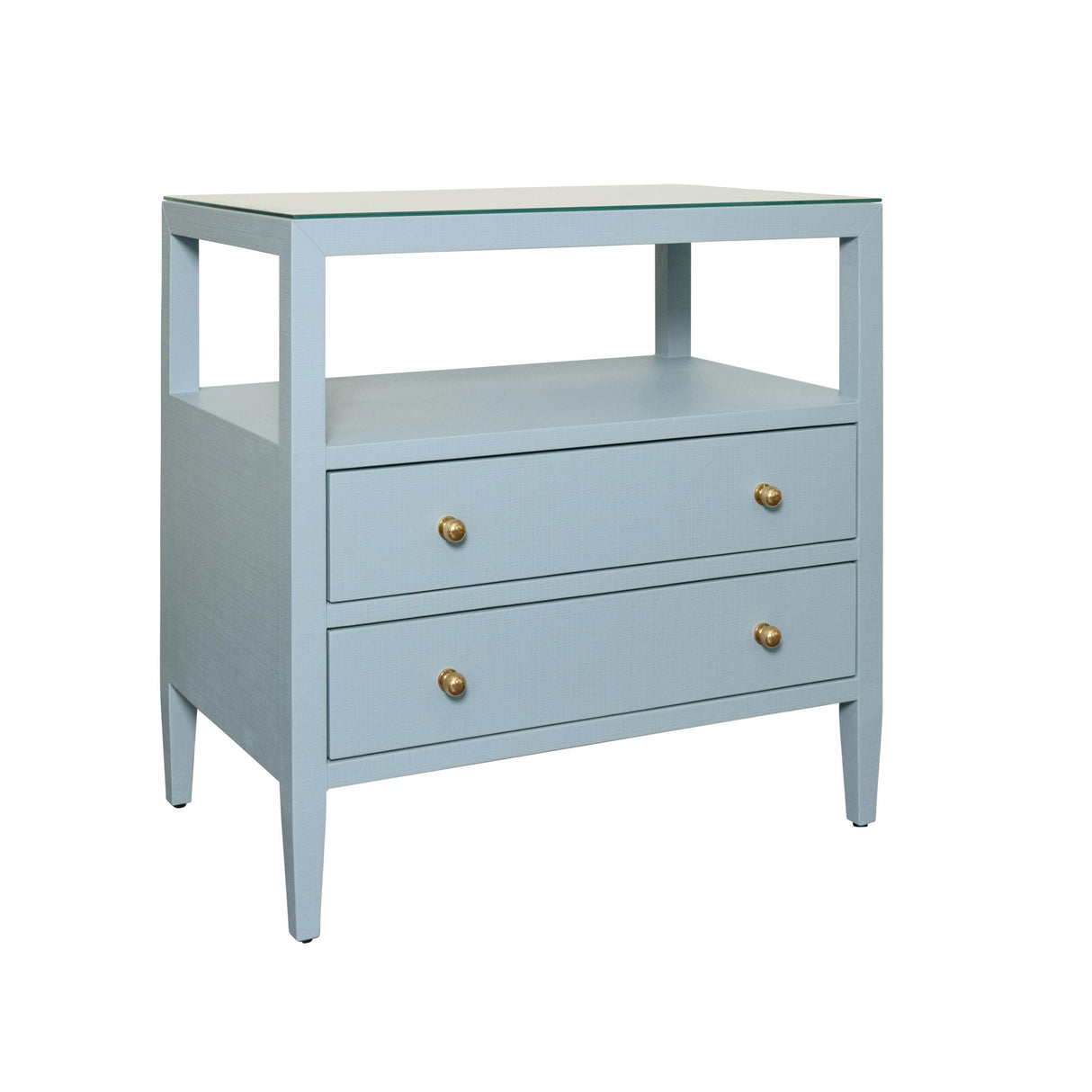 Worlds Away Two Drawer Side Table With Open Top Shelf In Textured Light Blue Linen With Polished Brass Knobs
