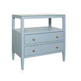 Worlds Away Two Drawer Side Table With Open Top Shelf In Textured Light Blue Linen With Polished Brass Knobs