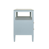 Worlds Away Two Drawer Side Table With Open Top Shelf In Textured Light Blue Linen With Polished Brass Knobs