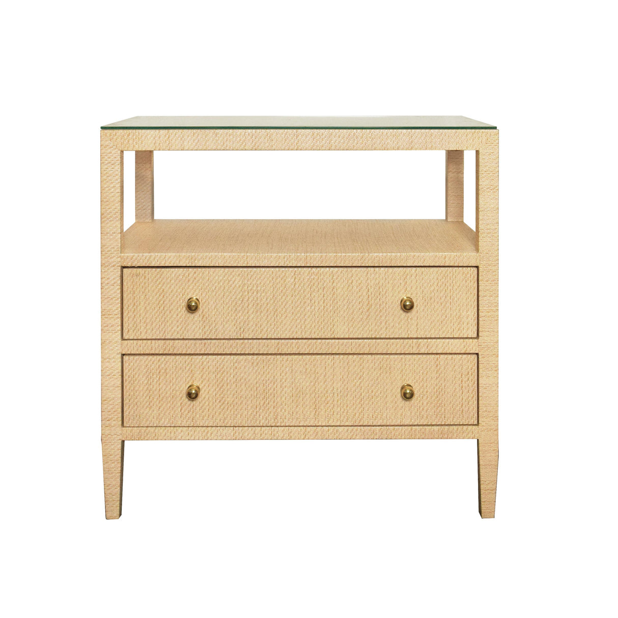 Worlds Away Two Drawer Side Table With Open Top Shelf In Natural Grasscloth With Polished Brass Knobs