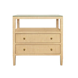 Worlds Away Two Drawer Side Table With Open Top Shelf In Natural Grasscloth With Polished Brass Knobs